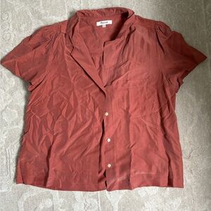 Madewell Terracotta 100% Silk Button-Up Shirt Size M with Gathered Short Sleeve